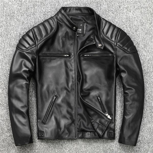 

head layer sheepskin leather leather brief paragraph youth male locomotive collar jacket, Black