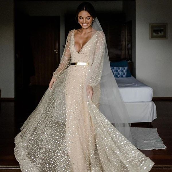 

sparkly sequined evening dress bling bling deep v neck backless long sleeve prom party gown no belt, White;black