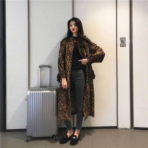 

women's casual leopard trench coat oversize vintage washed outwear loose female trench long fashion women windbreaker, Tan;black