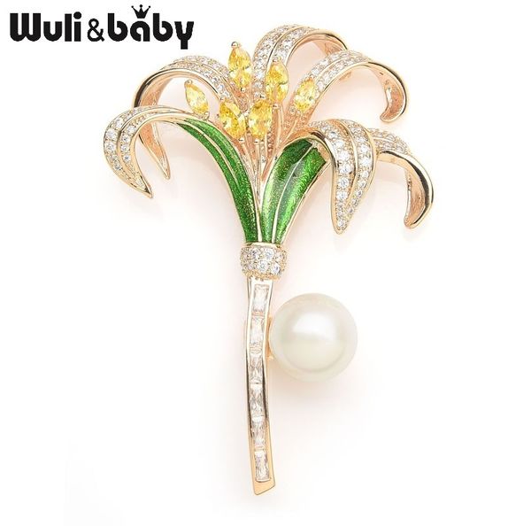 

wuli&baby luxury crystal lily enamel brooches for women simulated pearl rhinestone flower weddings banquet brooch pins gifts sh190721, Gray