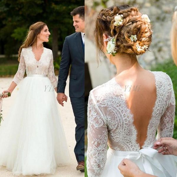 

Country Wedding Dresses 2019 V Neck 3/4 Long Sleeves Lace Garden Beach Bridal Gowns vestido de novia Plus Size