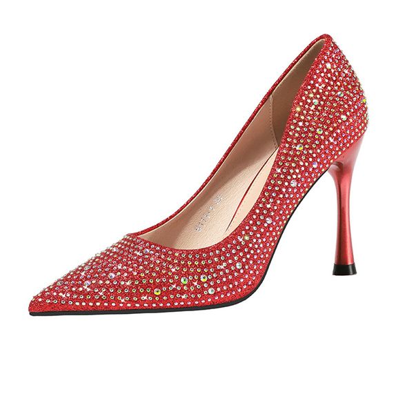 

2019 women 9.5cm high heels rhinestone glitter pumps lady pointed toe wedding gold red pumps female scarpins crystal shoes, Black