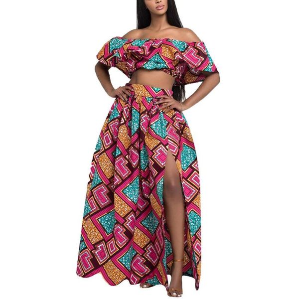 

fashion women african dresses for party wedding africa wax print long skirt two-pieces slash neck split bodycon midi dress, Red