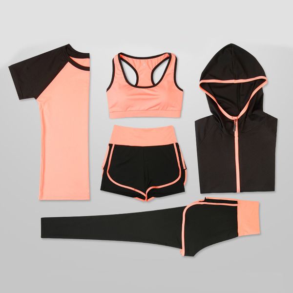 

women yoga sets five pieces 5 set female clothing sets gym clothes for women sportswear sports training gym training clothes, White;red