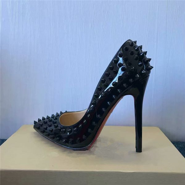 

nude patent leather rivet spikes poined toes high heels shoes women lady genuine leather wedding shoes pumps stiletto heels, Black