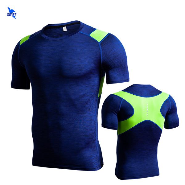 

mesh patchwork breathable quick dry t shirt mens outdoor sports short sleeve t-shirt high elastic gym fitness running tees, Black;blue