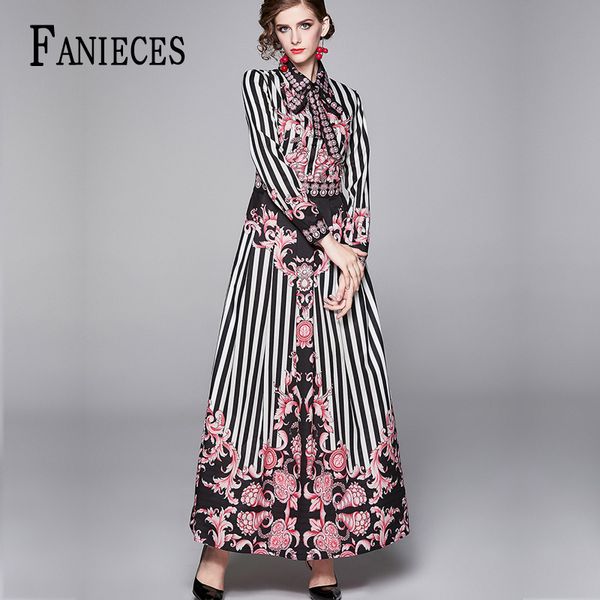 

runway designer a-line maxi dress women elegant vacation flower print long vestido collar floor-length party dresses robe femme, Black;gray