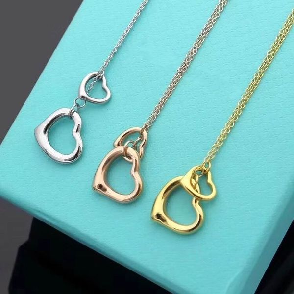 

2020 silver gold rose gold stainless steel thin chian with two heart rings pendant necklaces with box and dastbag size