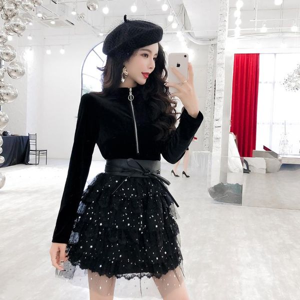 

2020 spring new korean version of the temperament retro umbrella net yarn waist long sleeve dress women, Black;gray