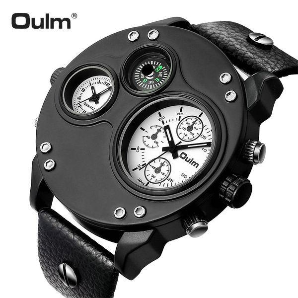

oulm sports casual big size quartz watch men 2 time zone dial multifunction leather strap creative design wristwatches for man, Slivery;brown