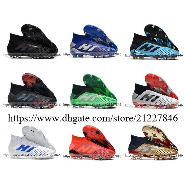 

new laceless predator 19+ fg soccer shoes for mens leather high ankle socks football boots cleats blue white black green silver 39-46, Black;grey