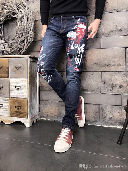 

высокое качество оригинальный дизайн мужская личность проблемные тонкие джинсы граффити шаблон печатных джинсы старинные рваные джинсы мотоц, Blue
