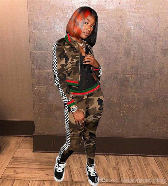 

camouflage womens two piece sets panelled plaid lapel neck cardigan two piece pants women casual suit, White