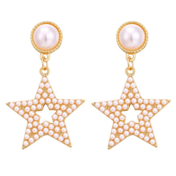 

creative retro fashion pearl earrings full of hollow geometric earrings five-pointed star, Golden;silver