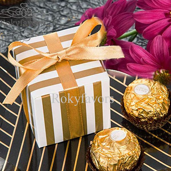 50 Stück goldfarbene Streifen-Süßigkeitsschachteln für Hochzeitsgeschenke, süße Schachteln, Halter für Tisch, Empfang, Geschenkbox, Jahrestag, Geburtstag, Schokolade, Paketzubehör