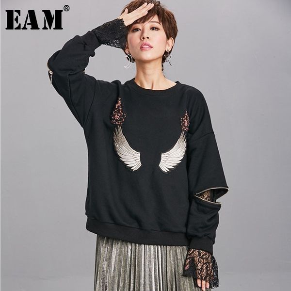 

eam] new spring 2020 round collar long sleeve balck zipper release wing stitch sweatshirt women fashion tide jo1300, Black