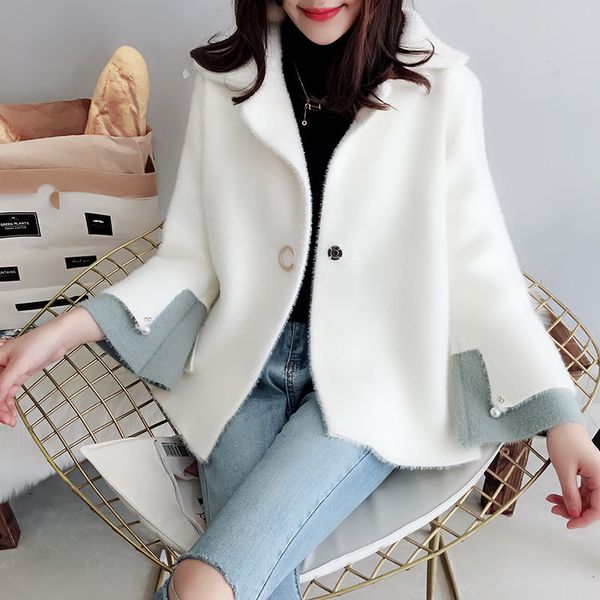 

women's fur & faux 2021 sweater female autumn and winter coat cardigan belt solid color pocket loose thick warm, Black
