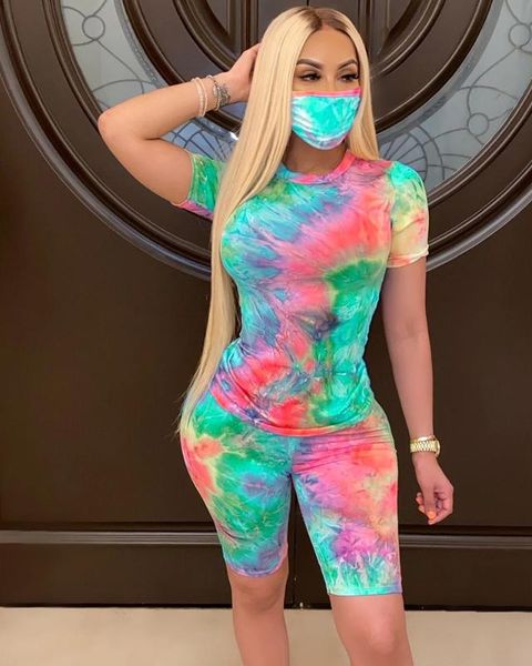 

arrival 2 pieces leisure suit set for women tie-dye print round neck short sleeve t-shirt+shorts yoga sportswears, White;red