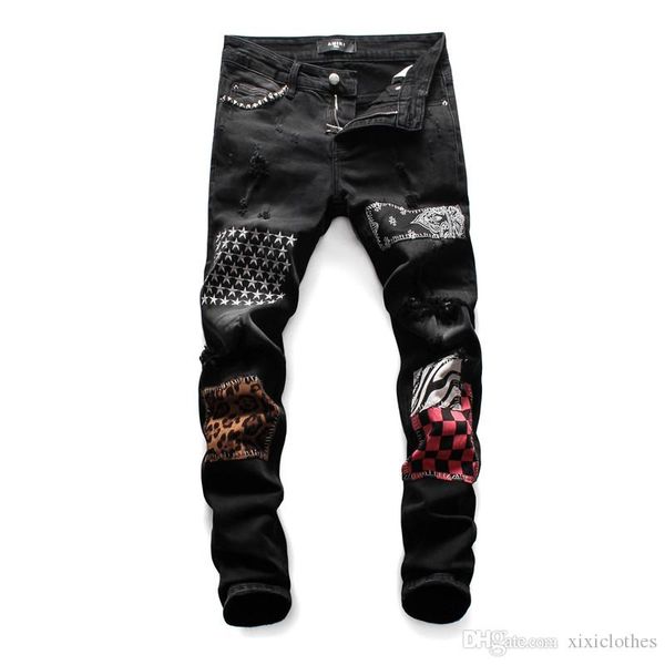 

tide brand casual mens pants wild fashion high-quality mens stitching printing luxury designer small feet mens slim fit jeans fear of god, Blue