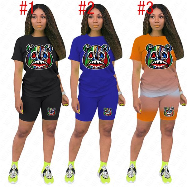 

женской летней tracksuit модного мультфильма животные лица печать тенниска тройники + шорты двухкусочные нарядов повседневной одежда jogger, White