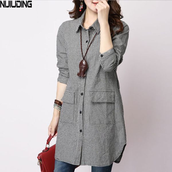 

nijiuding 2020 new female plaid long-sleeved shirt and long shirt wide shirts women casual cotton linen blusas, White