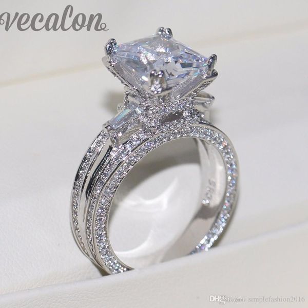 

vecalon женщины большие ювелирные изделия кольцо принцессы cut 10ct 5a циркон камень 300pcs cz 925 серебро обручальное обручальное кольцо по, Slivery;golden