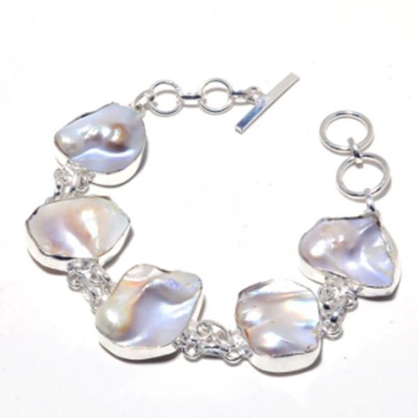 

biwa pearls bracelet silver overlay over copper, 22cm , frb0057, Black