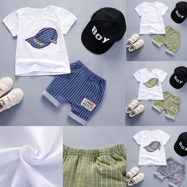 

casual summer baby boy clothes outfits cap print t-shirt plaid shorts set spring summer newborn baby costume sets, White