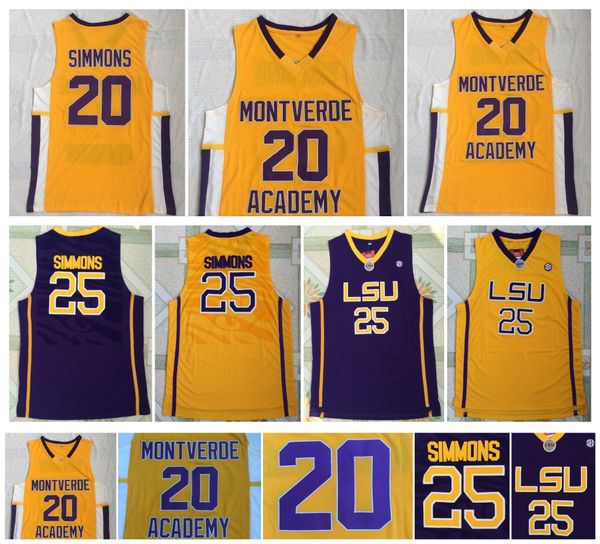 Lise Montverde Academy Eagles Ben 20 Erkek Basketbol LSU TIGERS KOLEJİ 25 Simmons Jersey Sticthed Beyaz Sarı Mor