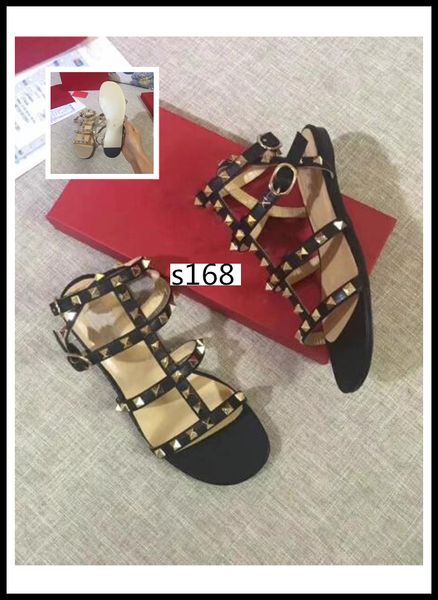 

brand original box color rivets spiked gladiator flat women sandals stones studded flip sandal big size designer women's, Black