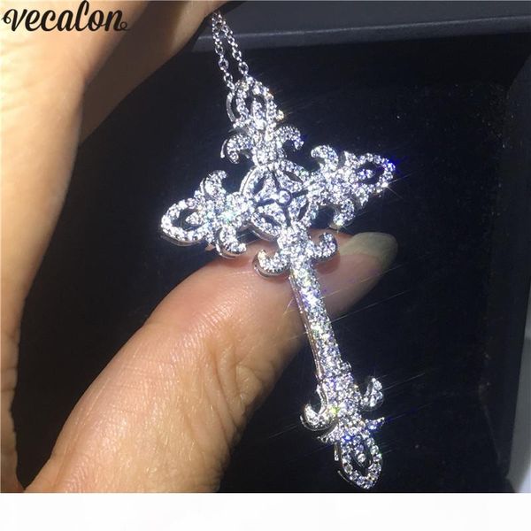 

vecalon flower long cross pendant 925 sterling silver 5a cz stone cross pendant necklace for women men party wedding jewelry