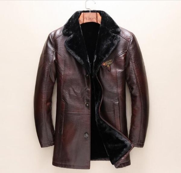 

Autumn and winter new fur integrated pu leather clothing ad 13 gucci male fa hion bee leather clothing high grade warm pot, Black;brown