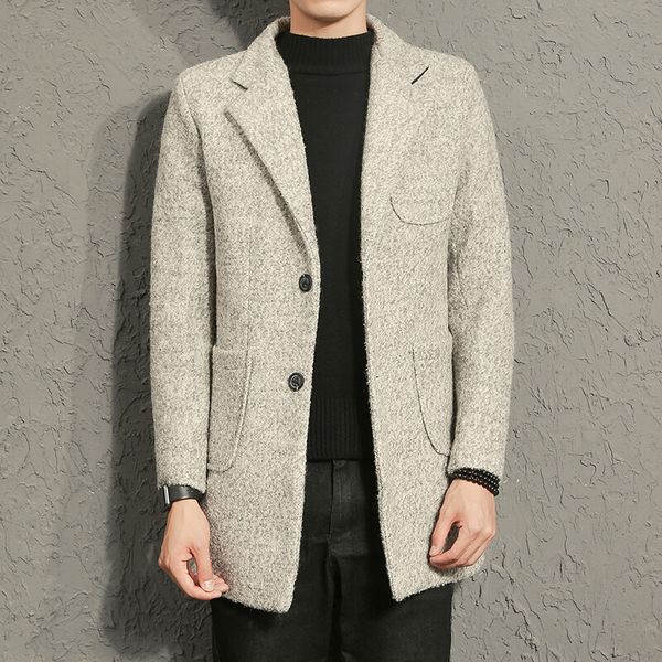 

men's stand collar woolen overcoats long slim warm windproof trench coat, Black