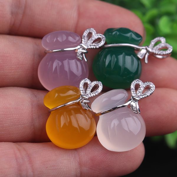 

925 silver inlaid natural agate blessing bag pendant necklace jewellery fashion accessories hand-carved woman luck amulet