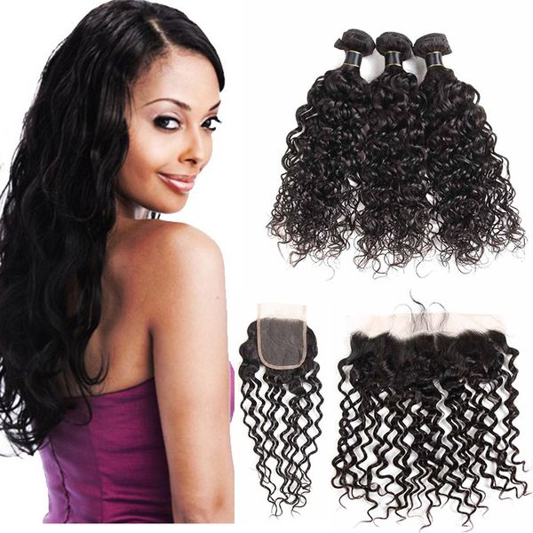 Brazilian Water Wave Hair Weaves Bundles With Lace Frontal Ear To