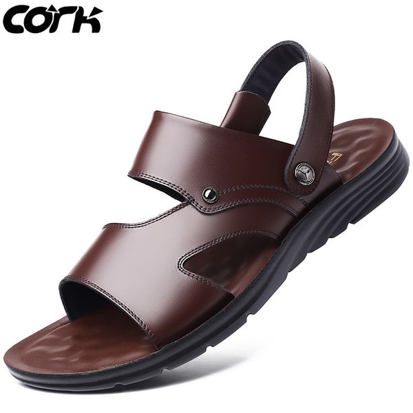 

qgk men sandals men slippers summer roman sandals genuine leather male casual shoes beach flip flops fashion outdoor slippers, Black