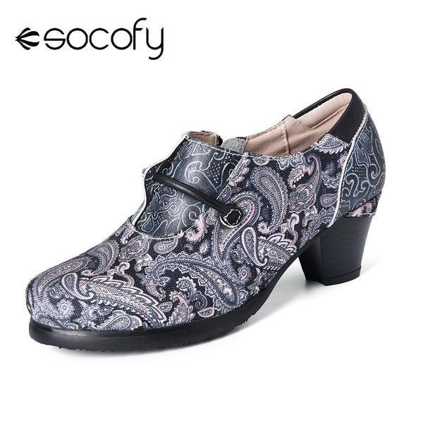 

socofy retro cool girls splicing fancy cloth pattern zipper slip on casual ladies pumps shoes women shoes botas mujer 2020, Black
