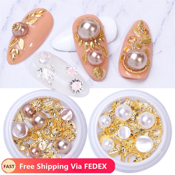 

1 box 3d nail art decorations stud accessories mixed pearls alloy rivet nail rhinestones charm strass manicure jewelry, Silver;gold