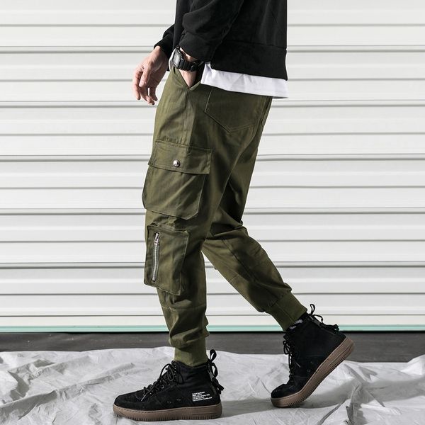 

male jogger casual men's cargo pants loose cotton trousers multi pocket pants streetwear overalls sweatpants banded, Black
