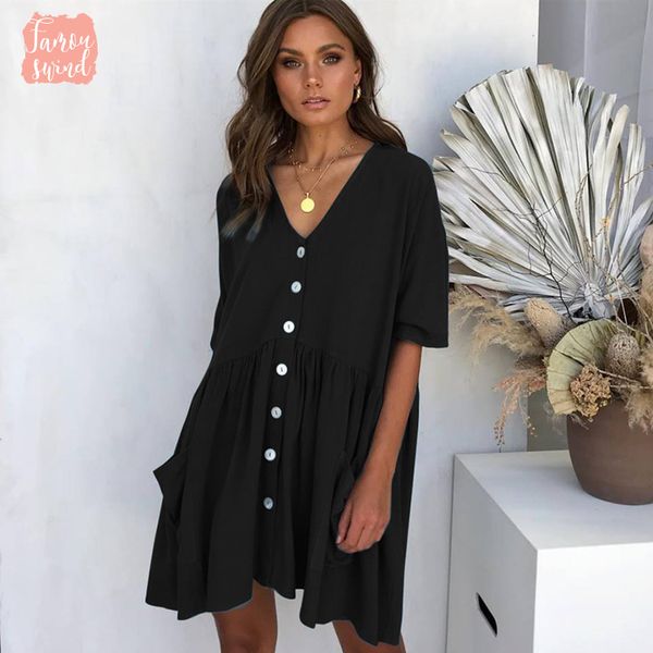 

new summer dress 2019 pockets beach ladies casual short sleeve v neck down swing mini dress loose dress designer clothes, Black;gray