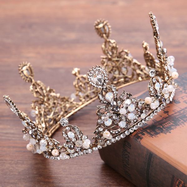 

kmvexo baroque vintage gold crystal tiaras crowns 2019 new handmade beaded bridal round crown wedding hair jewelry accessories, Golden;white