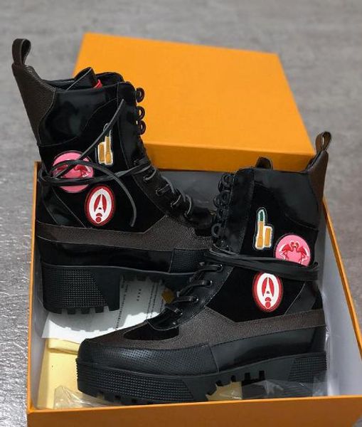 

luxury designer boots women desert boot chunky heel martin shoes print leather platform desert lace-up boot 5cm 13 colors q1, Black