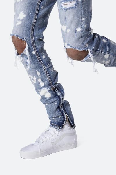 

mens printed washed hole jeans fashion skinny light blue bleached pencil pants summer hiphop street jeans