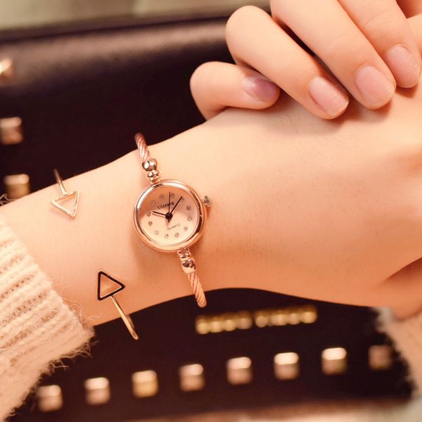 

fashion rose gold lady watch simple casual minimalism rhinestone cute narrow bracelet watch for girls retro ulzzang brand, Slivery;brown
