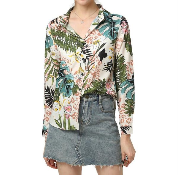 

womens floral chiffon loose shirts woman lapel neck long sleeve patchwork blouses women fashion casual clothes, White