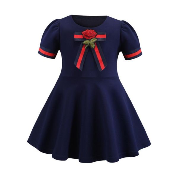 

Fashion style kids girls summer clothes short sleeve designer hot sale girls dress with flower Preppy style girls clothes