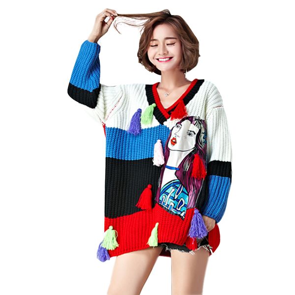 

plus size jumper sweaters autumen winter girl patchwork v-neck multicolor sweaters for woman long sleeve tassels pullovers, White;black