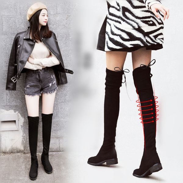 

women winter boots flat heel over the knee boots pointed toe flock leather thigh plus size shoes2019 new women shoes, Black