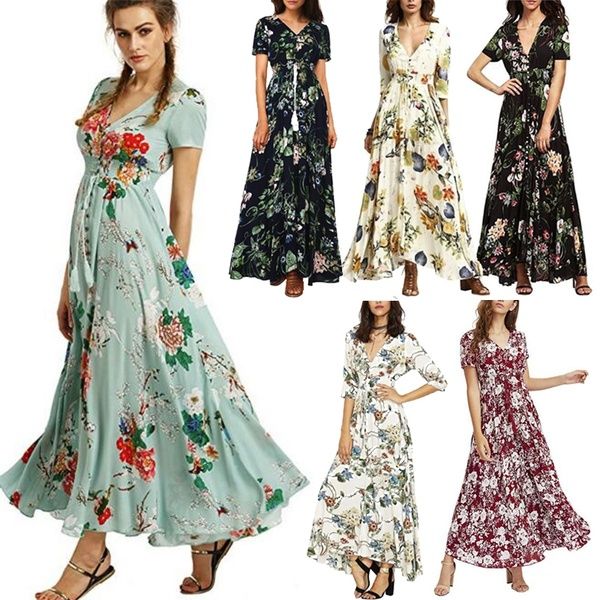 

2019 мода весна-лето женщины цветочные printed платье длинные сплит платье elegant maxi платья бесплатная доставка, Black;gray