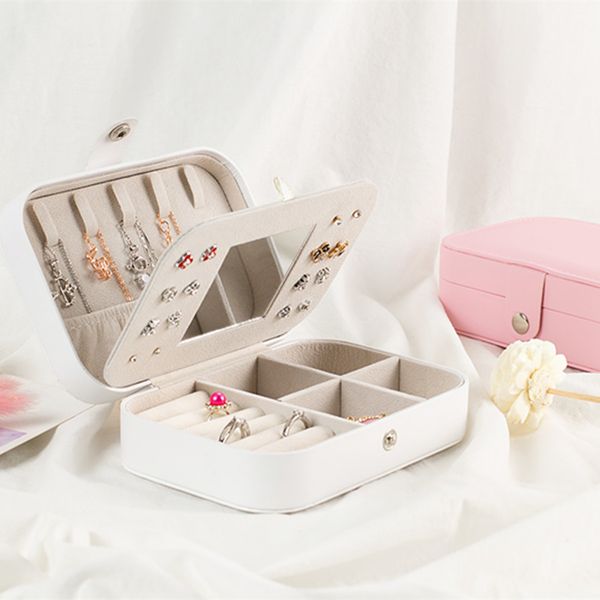 

portable jewelry storage box bracelet pendant ring earrings multifunctional solid color pu leather jewelry box spot wholesale, Black;white